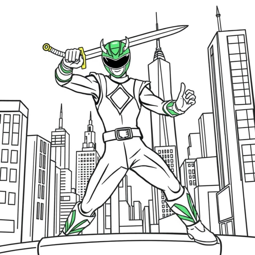 the green power ranger holding a dragon sword in new york city 

