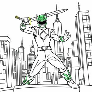 the green power ranger holding a dragon sword in new york city 
