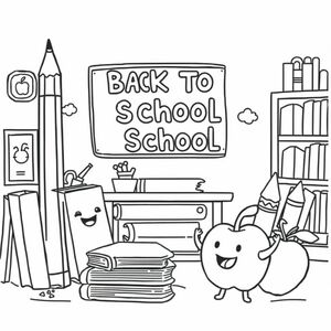 back to school worksheet for kindergarten that is cartoony and cute. don't have any letters