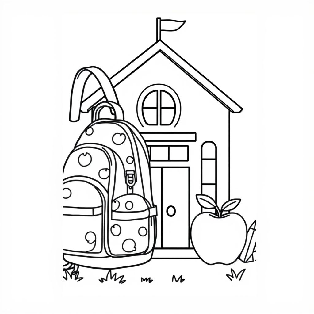back to school worksheet for kindergarten that is cartoony and cute. with backpack, apple, and school