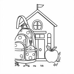 back to school worksheet for kindergarten that is cartoony and cute. with backpack, apple, and school