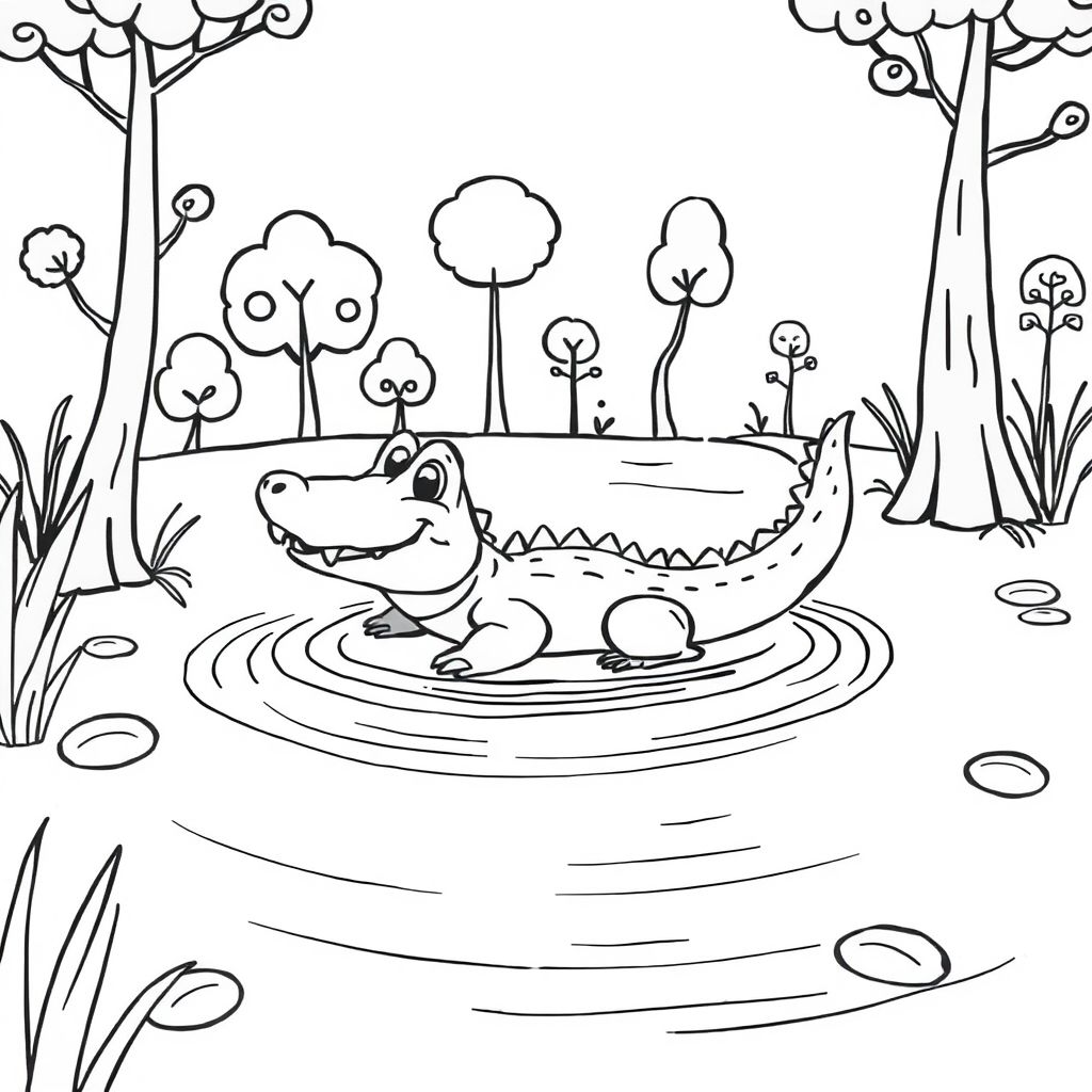 cute alligator swimming in a pond surround by trees
