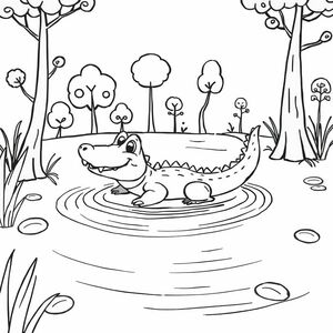 cute alligator swimming in a pond surround by trees
