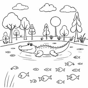 cute alligator swimming in a pond surround by trees  with clouds in the sky and some fish in the water