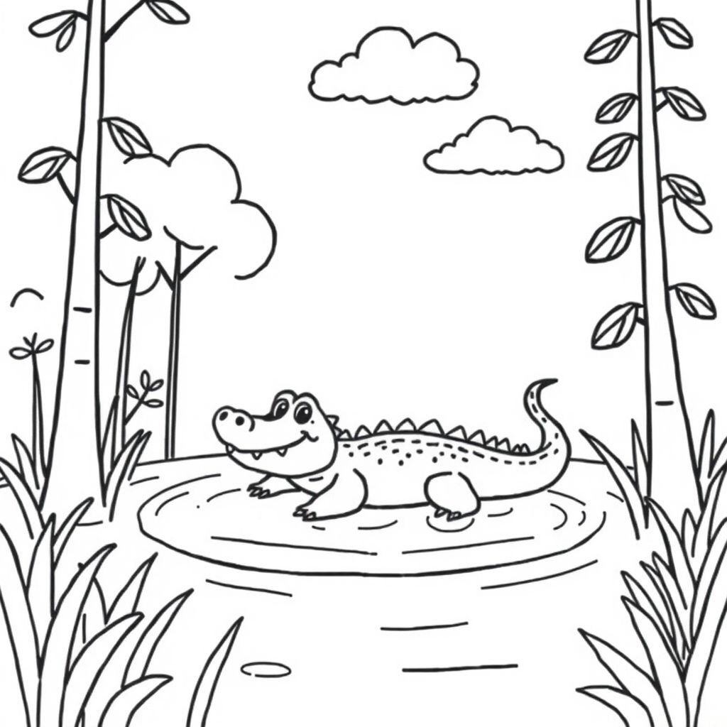 cute alligator in a pond surrounded by trees with clouds in the sky