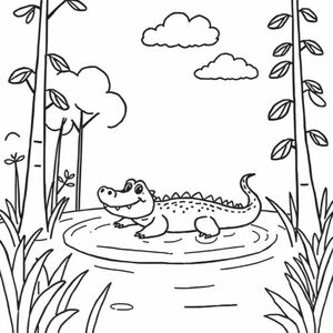cute alligator in a pond surrounded by trees with clouds in the sky