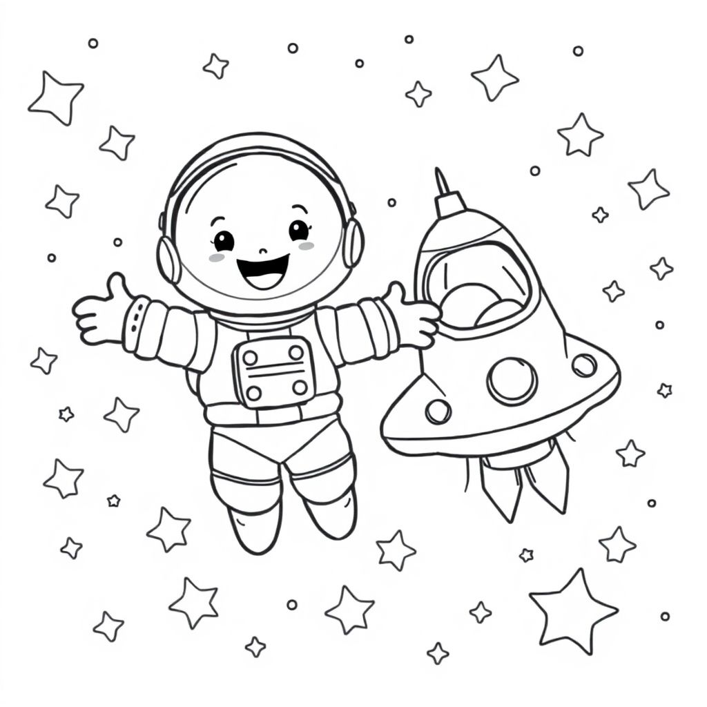make a cute astrounaunt and the space ship with stars in background