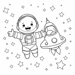 make a cute astrounaunt and the space ship with stars in background