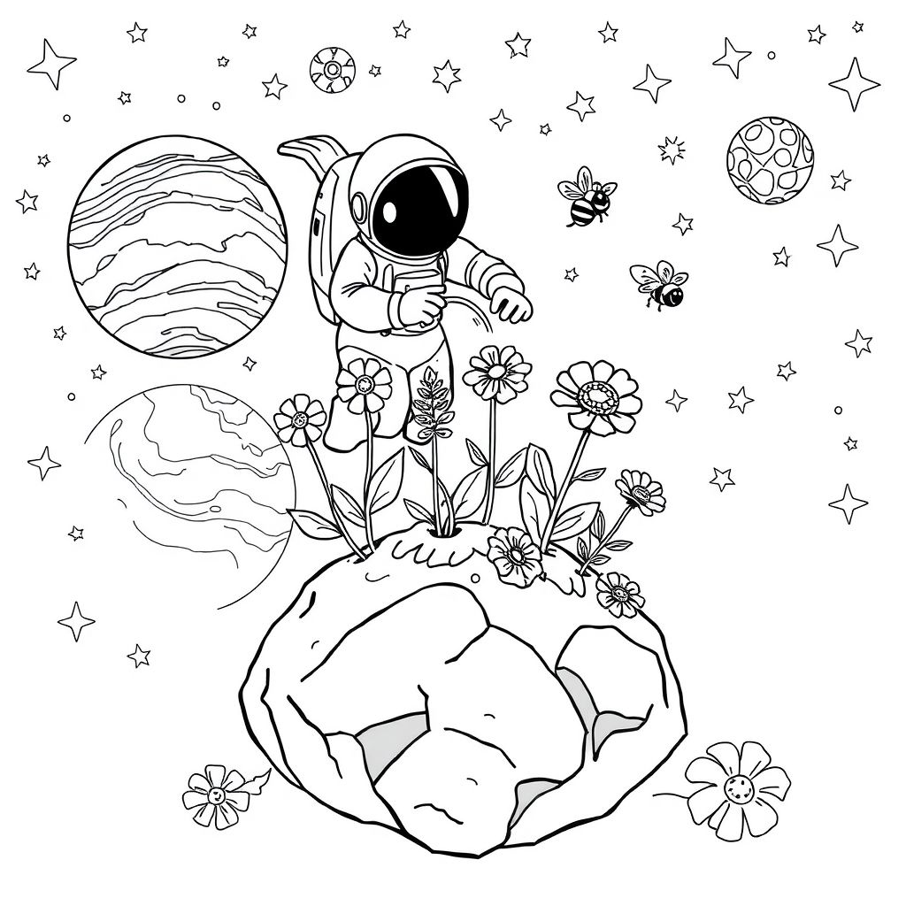   “Space Garden”
An astronaut floating in zero gravity watering blooming alien flowers that grow on the surface of a tiny asteroid, with planets, stars, and cute floating bees in the background.