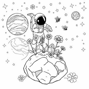   “Space Garden”
An astronaut floating in zero gravity watering blooming alien flowers that grow on the surface of a tiny asteroid, with planets, stars, and cute floating bees in the background.