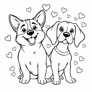 Two cute dogs, one corgi, one beagle with hearts in the background 