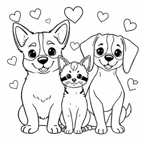 Two cute dogs, one corgi, one beagle mixed with chihuahua with hearts in the background and small tabby cat in the middle of them