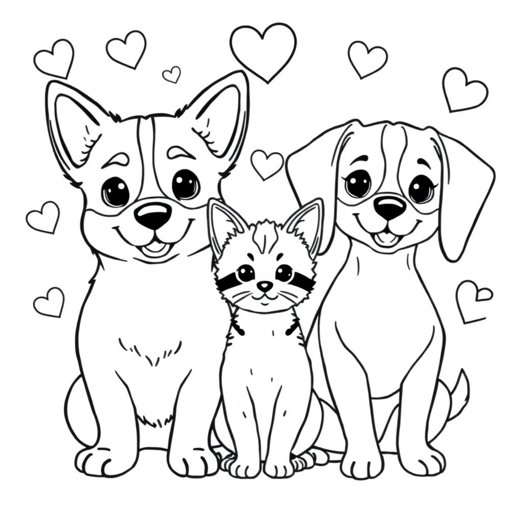 Two cute dogs, one corgi, one beagle mixed with chihuahua with hearts in the background and small tabby cat in the middle of them