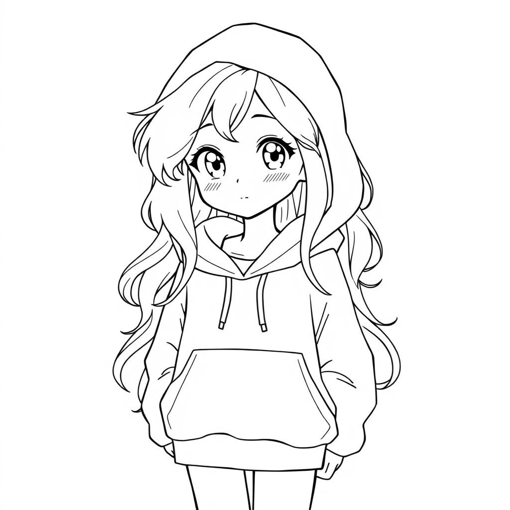 Full body little anime girl with long white wavy hair, white gleaming eyes, and white skin in a white majorly oversized hoodie withe the hood down.