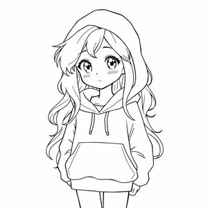 Full body little anime girl with long white wavy hair, white gleaming eyes, and white skin in a white majorly oversized hoodie withe the hood down.