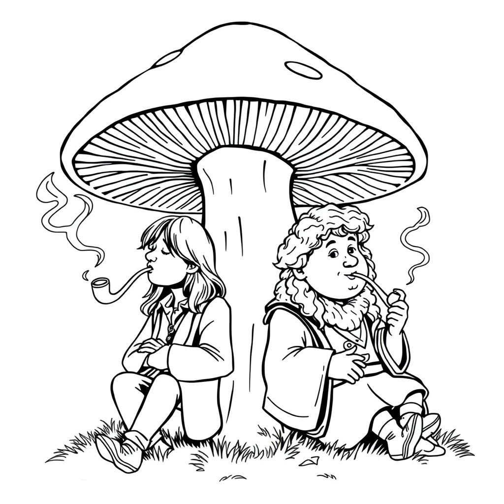 George Harrison and Bilbo Baggins smoking pipes as they lean against a giant mushroom