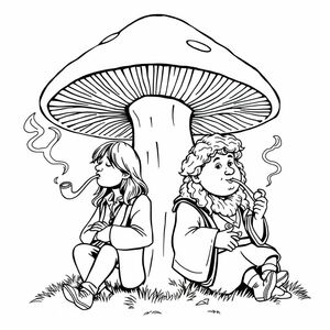 George Harrison and Bilbo Baggins smoking pipes as they lean against a giant mushroom