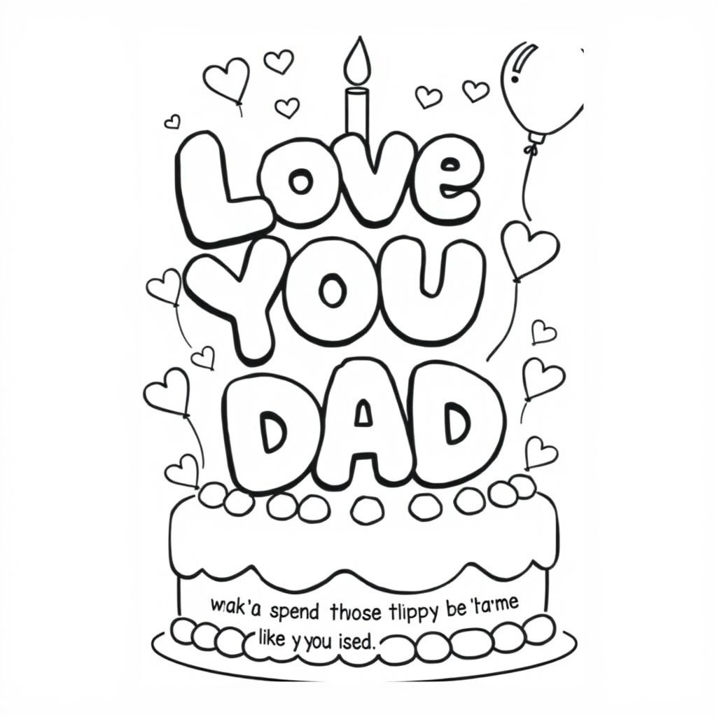 I want bubble letters saying I love you Dad and I want you to spend time with me like you used to from daughter coloring page with hearts and balloons in a birthday cake