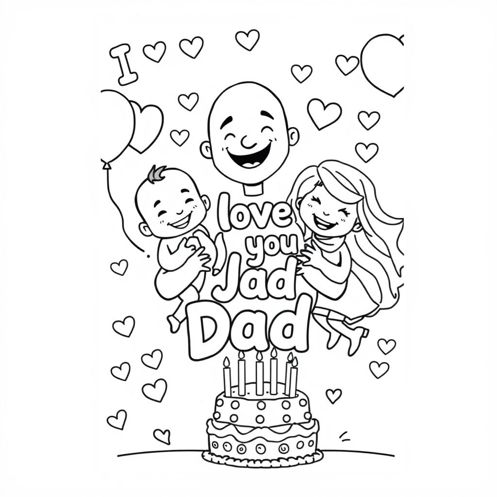 I want a image of a daddy bald-headed with a 9-month-old boy and a 4-year-old girl blonde hair with I love you Dad in big bubbled letters with hearts and balloons around the whole page with a birthday cake for the dad