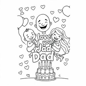 I want a image of a daddy bald-headed with a 9-month-old boy and a 4-year-old girl blonde hair with I love you Dad in big bubbled letters with hearts and balloons around the whole page with a birthday cake for the dad