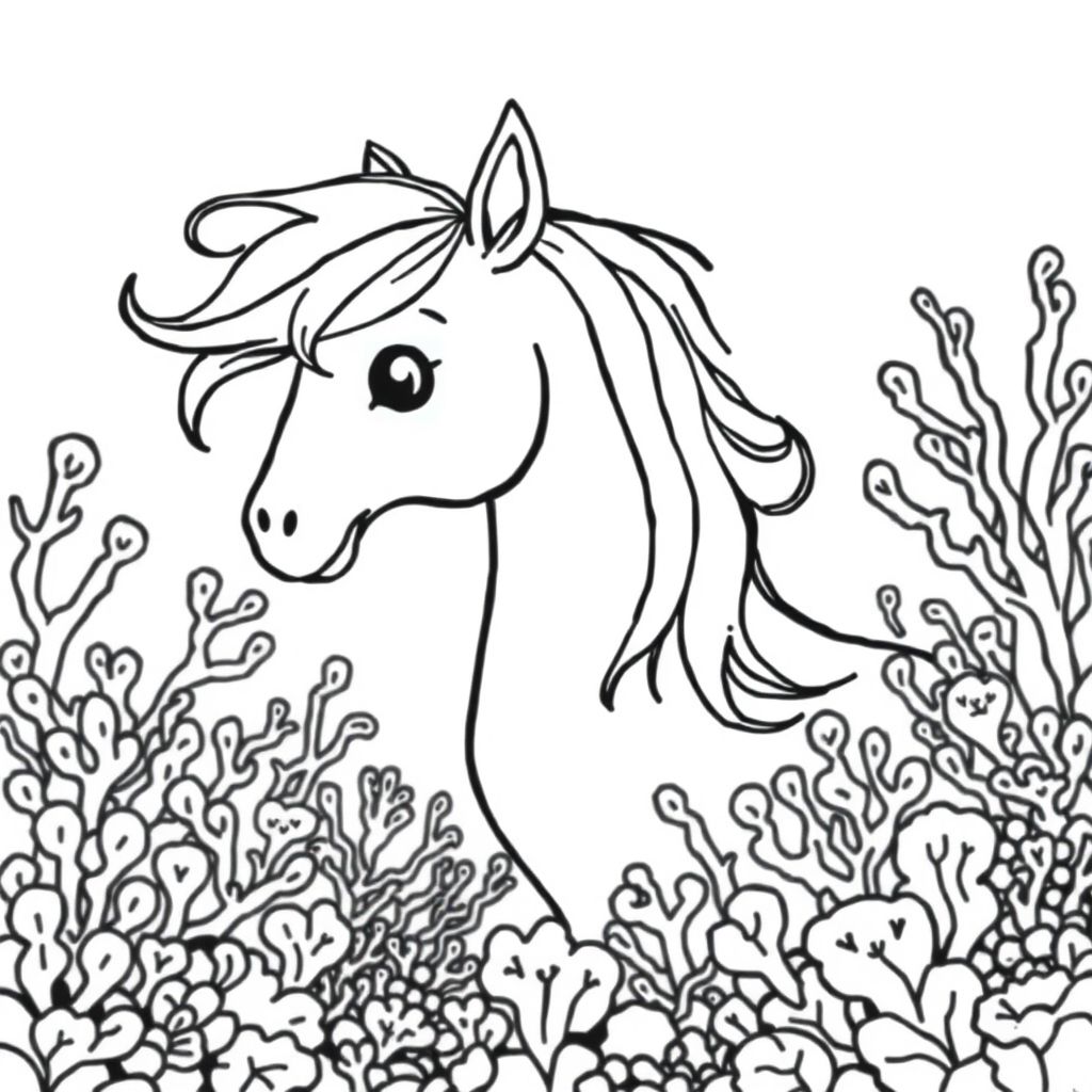 A profile view of a friendly horse, in profile, in a underwater coral reef kingdom, surrealist style