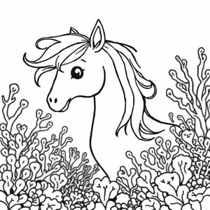 A profile view of a friendly horse, in profile, in a underwater coral reef kingdom, surrealist style