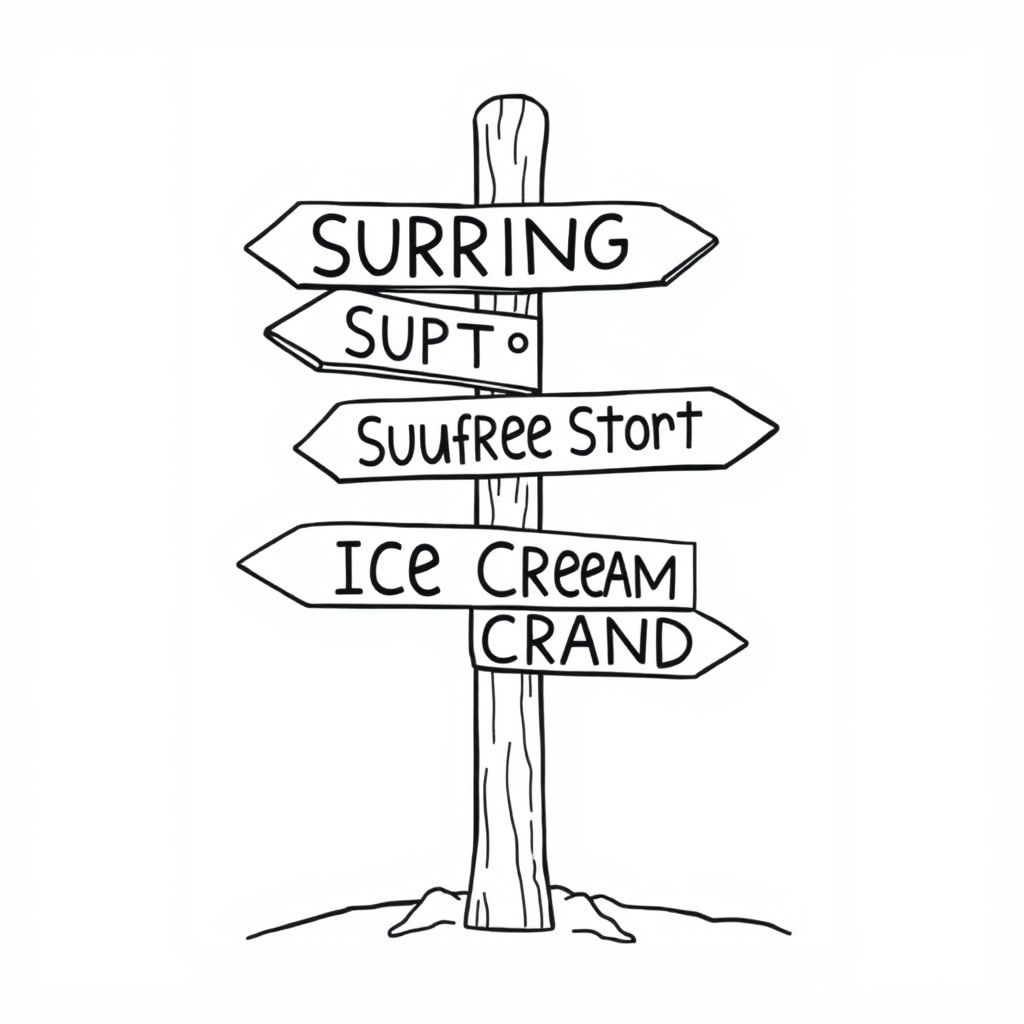 Beach signpost with big arrows pointing directions

