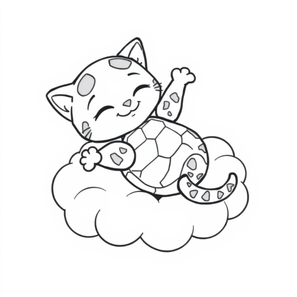 A tortoise shell kitty getting a belly rub on a cloud
