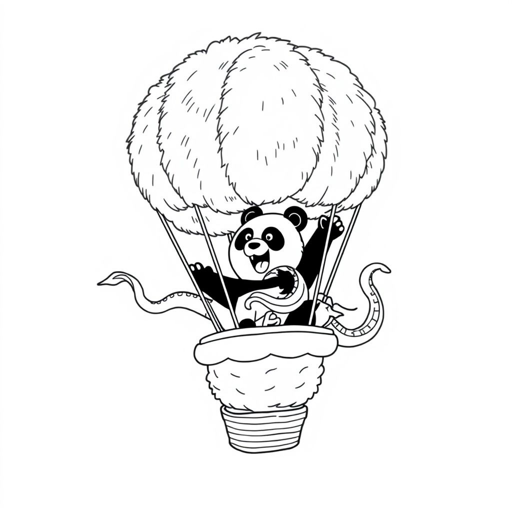 panda fighting a kraken in a hot air balloon made of fur