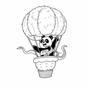 panda fighting a kraken in a hot air balloon made of fur