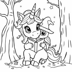 baby unicorn: Oversized eyes, small horn nub, fluffy mane/tail 
Style : Bold outlines, nooshading, whimsical details, no color(for coloring book)
Format : 8.5x11 
baby unicorn Reading spellbook with owl wizard with new environment
