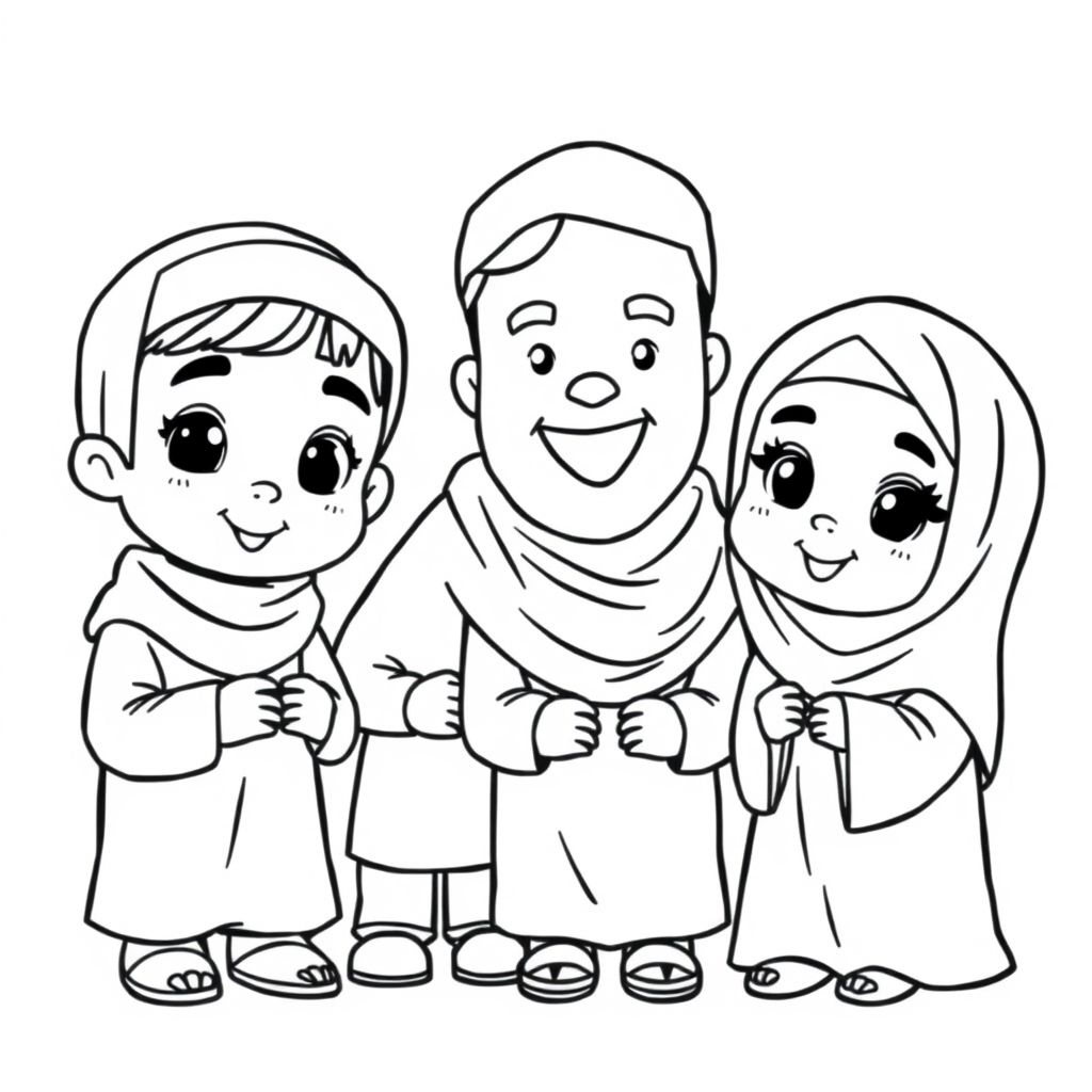 Những đứa trẻ Hồi giáo dễ thương đến thăm ông bà, phong cách hoạt hình, đôi mắt to, khuôn mặt tròn, màu pastel, thiết kế phẳng, nền mềm mại, minh họa sách thiếu nhi