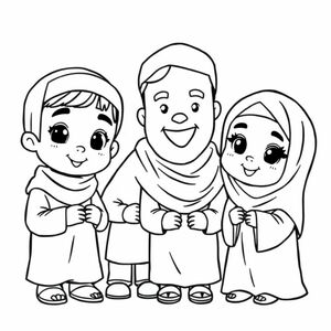 Những đứa trẻ Hồi giáo dễ thương đến thăm ông bà, phong cách hoạt hình, đôi mắt to, khuôn mặt tròn, màu pastel, thiết kế phẳng, nền mềm mại, minh họa sách thiếu nhi