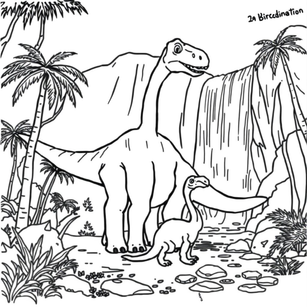 A brachiosaurus with family eating next to a waterfall