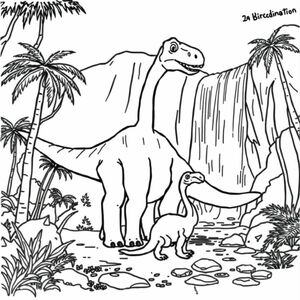 A brachiosaurus with family eating next to a waterfall
