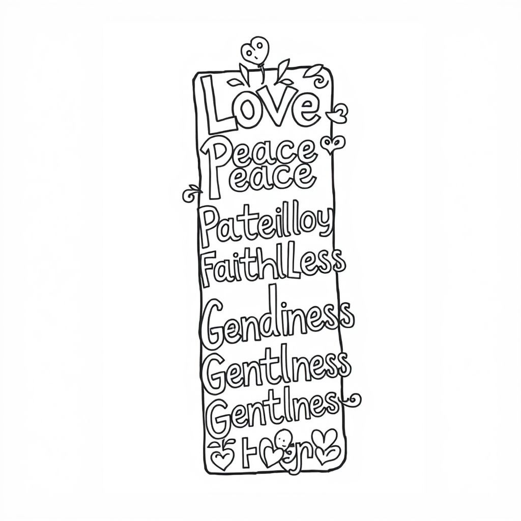 create a black and white colouring bookmark with detail and 9 words Love, peace, joy, longsuffering, faithfulness, goodness, kindness, gentleness and self-control