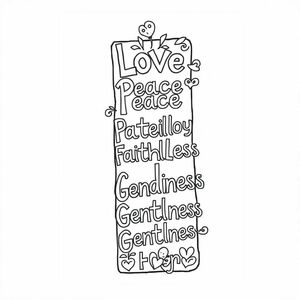 create a black and white colouring bookmark with detail and 9 words Love, peace, joy, longsuffering, faithfulness, goodness, kindness, gentleness and self-control