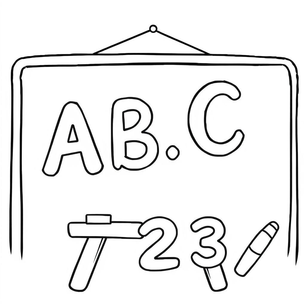 A blackboard with “ABC” and “123” written, cartoon outline style, bold clean lines, white background, no extra decorations