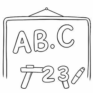 A blackboard with “ABC” and “123” written, cartoon outline style, bold clean lines, white background, no extra decorations