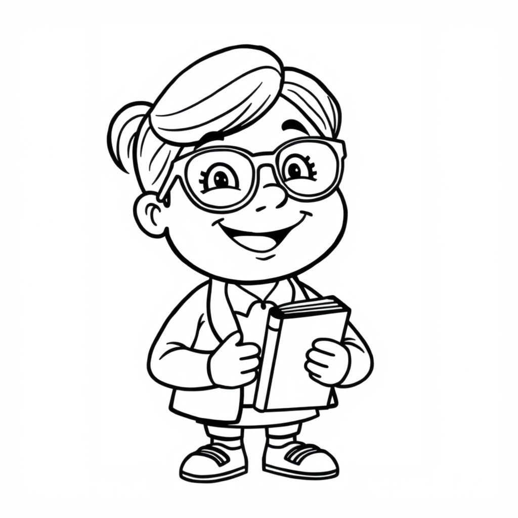 A smiling teacher with glasses holding a book, cartoon character style, simple features, no background, white space-friendly design