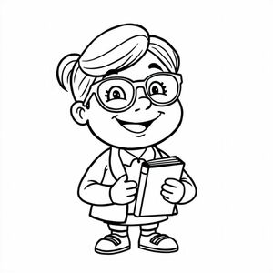 A smiling teacher with glasses holding a book, cartoon character style, simple features, no background, white space-friendly design