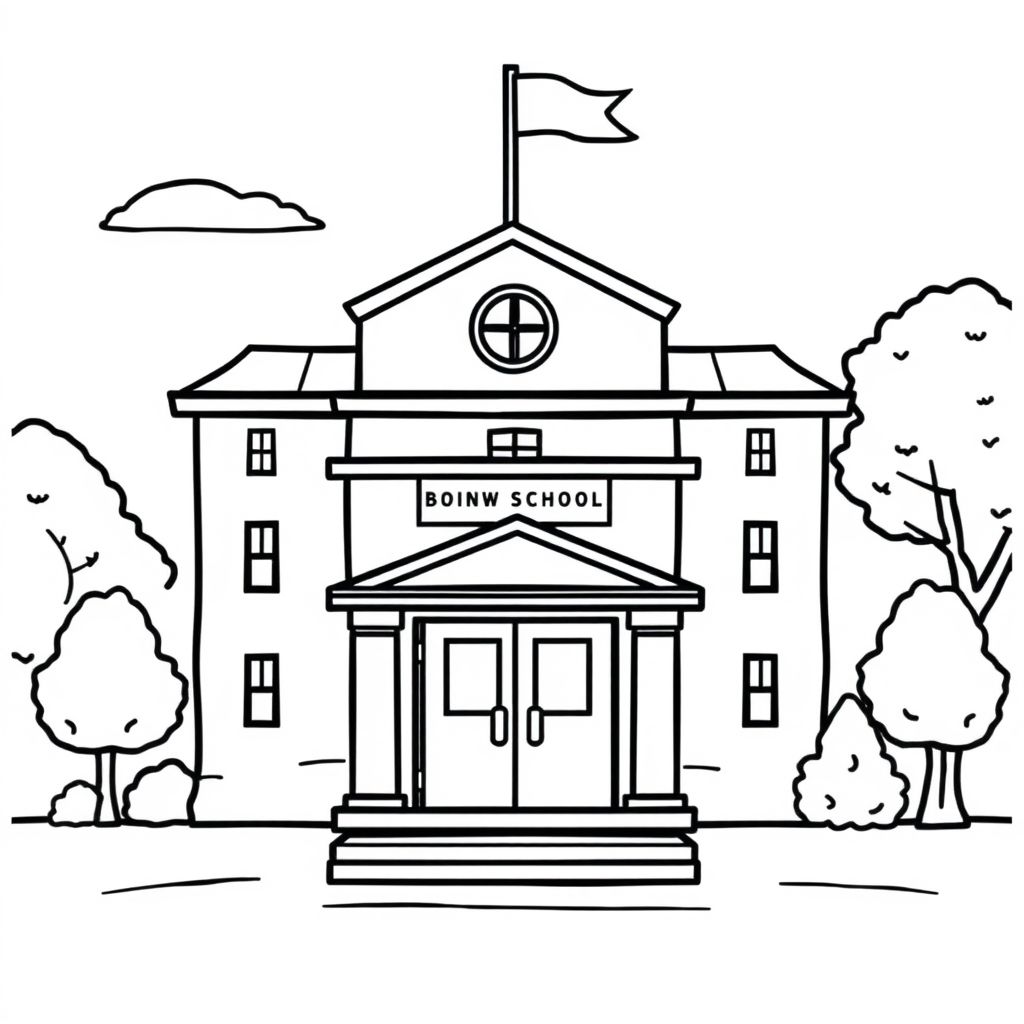 A closed school building with a flag on top, basic black-and-white outline, front view, simple shapes, no trees or crowd, white background