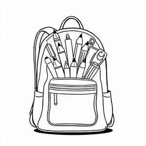 A backpack filled with school supplies peeking out, minimalistic cartoon style, bold line art, clean and centered
