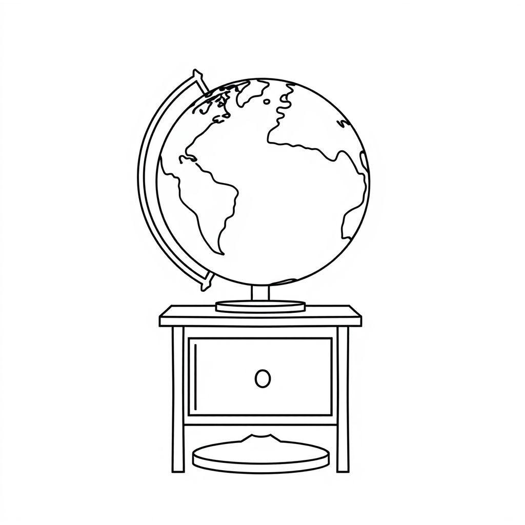 A globe on a small desk, school-themed, simple line art with continents visible, centered, white background, HD outline drawing