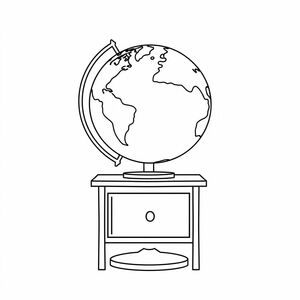 A globe on a small desk, school-themed, simple line art with continents visible, centered, white background, HD outline drawing