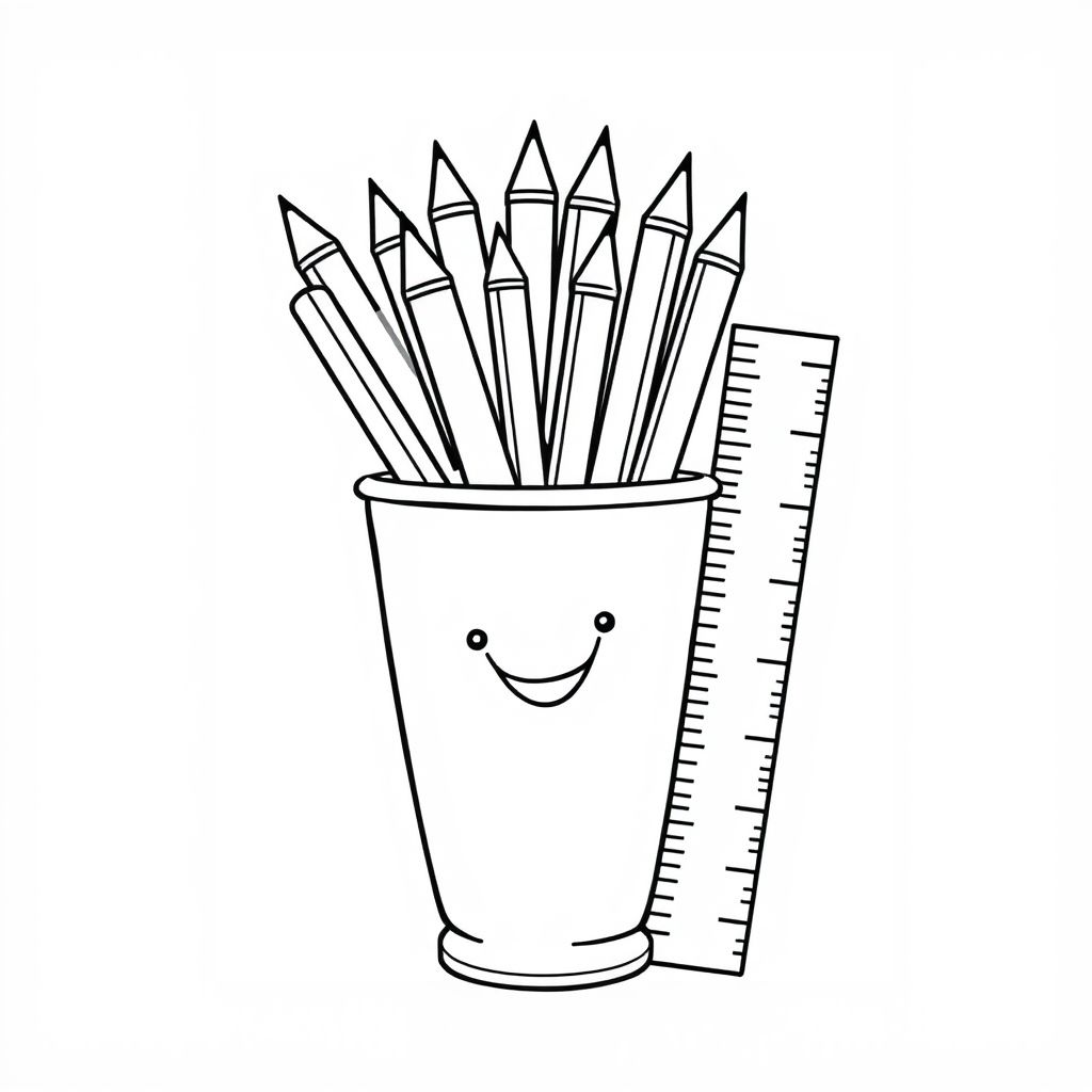 A cup holding pencils and a ruler, black-and-white sketch for coloring, thick outlines, no complex background