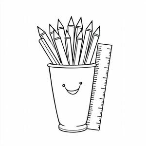 A cup holding pencils and a ruler, black-and-white sketch for coloring, thick outlines, no complex background
