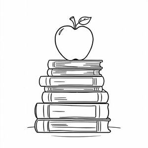 A pile of books with an apple on top, outlined in thick lines, cartoon style, no shading, on a plain surface