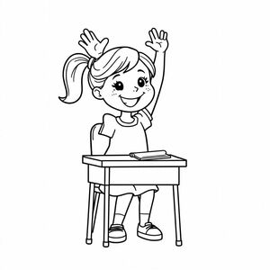 A girl raising her hand at a desk, cartoon drawing style, simple posture, classroom theme, blank background