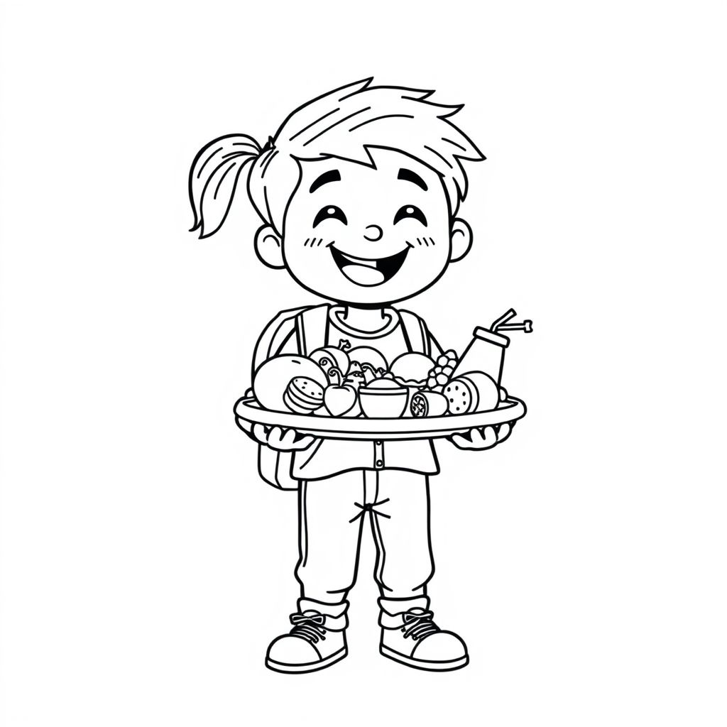 A student carrying a lunch tray with food, front-facing cartoon pose, simple black-and-white lines, clean art

